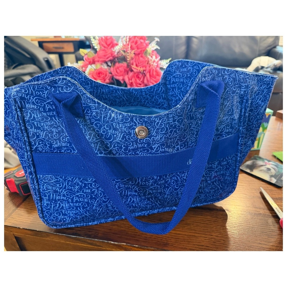 Dansko Blue Script Pattern Open Tote Bag‎ Laminated Canvas Carryall Handbag